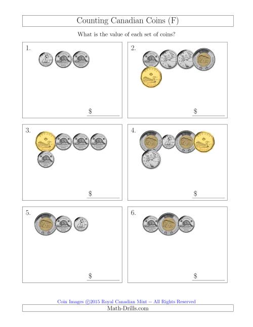 The Counting Small Collections of Canadian Coins (F) Math Worksheet