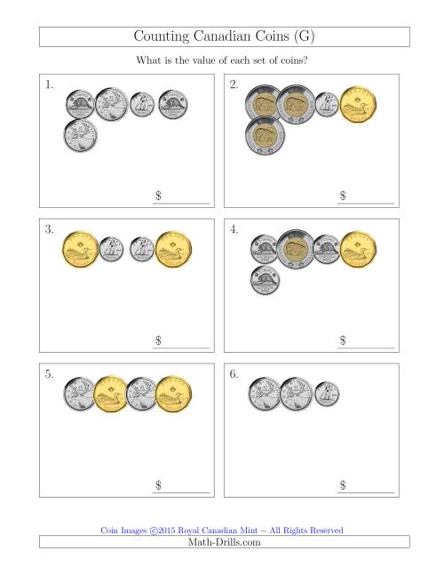 The Counting Small Collections of Canadian Coins (G) Math Worksheet