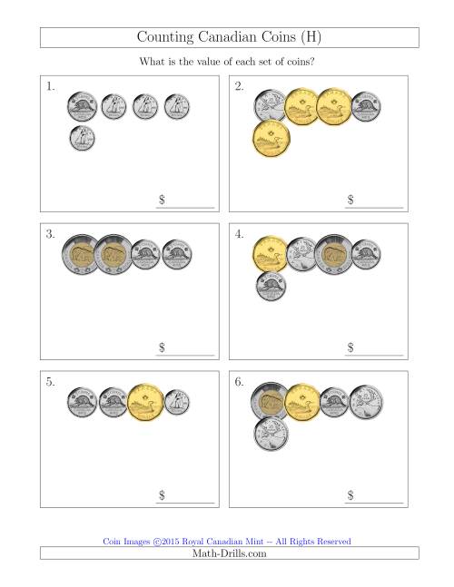The Counting Small Collections of Canadian Coins (H) Math Worksheet