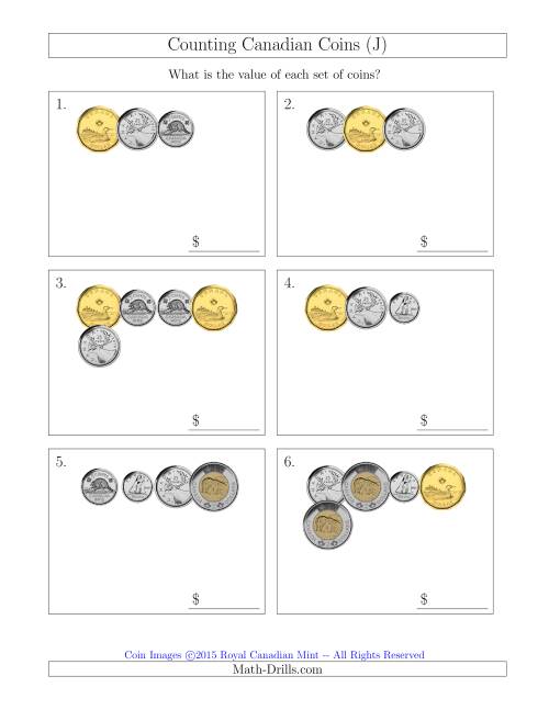 The Counting Small Collections of Canadian Coins (J) Math Worksheet