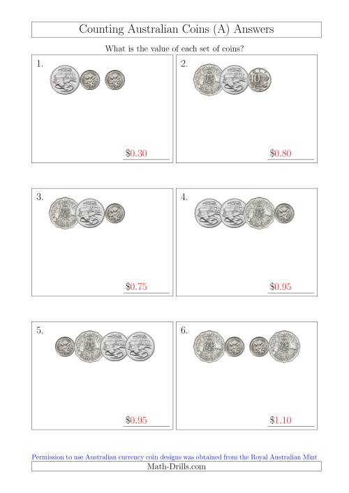 The Counting Small Collections of Australian Coins Without Dollar Coins (A) Math Worksheet Page 2