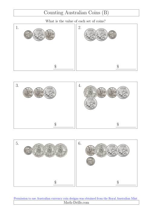 The Counting Small Collections of Australian Coins Without Dollar Coins (B) Math Worksheet