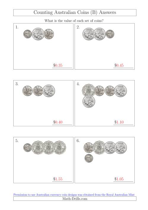 The Counting Small Collections of Australian Coins Without Dollar Coins (B) Math Worksheet Page 2