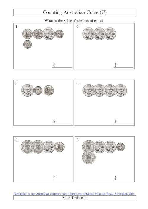 The Counting Small Collections of Australian Coins Without Dollar Coins (C) Math Worksheet