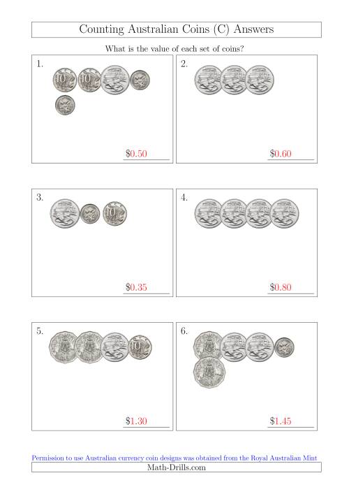 The Counting Small Collections of Australian Coins Without Dollar Coins (C) Math Worksheet Page 2