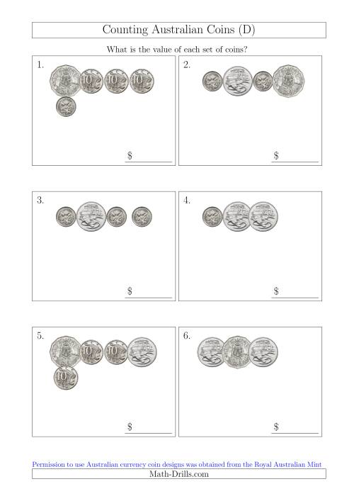 The Counting Small Collections of Australian Coins Without Dollar Coins (D) Math Worksheet