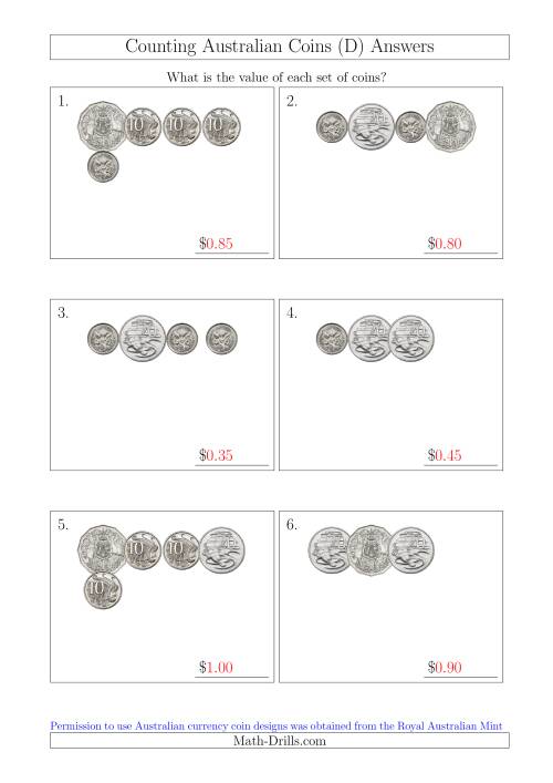 The Counting Small Collections of Australian Coins Without Dollar Coins (D) Math Worksheet Page 2