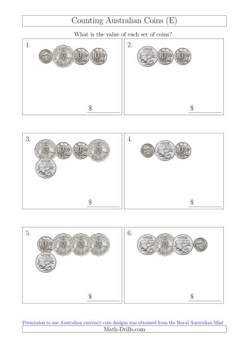 The Counting Small Collections of Australian Coins Without Dollar Coins (E) Math Worksheet