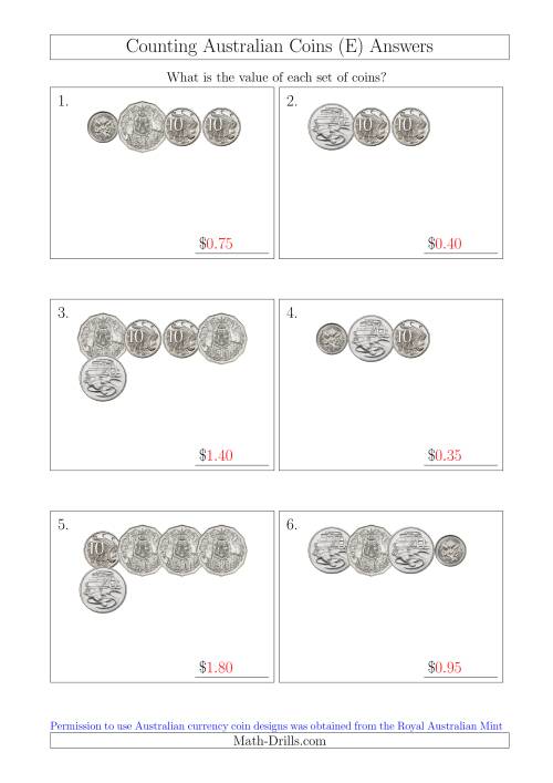 The Counting Small Collections of Australian Coins Without Dollar Coins (E) Math Worksheet Page 2