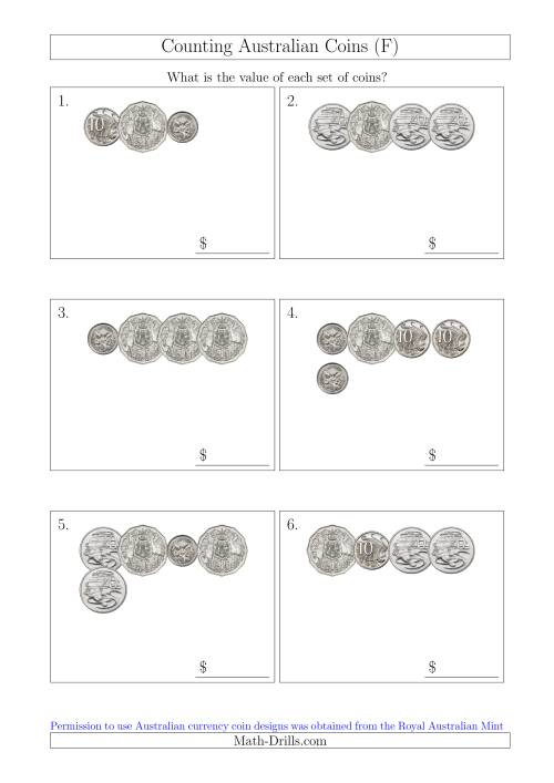 The Counting Small Collections of Australian Coins Without Dollar Coins (F) Math Worksheet
