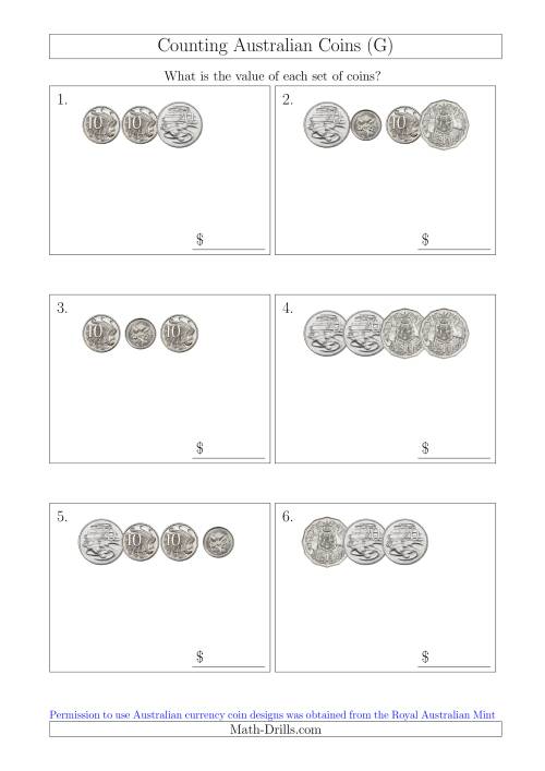 The Counting Small Collections of Australian Coins Without Dollar Coins (G) Math Worksheet