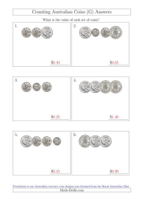 The Counting Small Collections of Australian Coins Without Dollar Coins (G) Math Worksheet Page 2