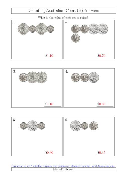 The Counting Small Collections of Australian Coins Without Dollar Coins (H) Math Worksheet Page 2
