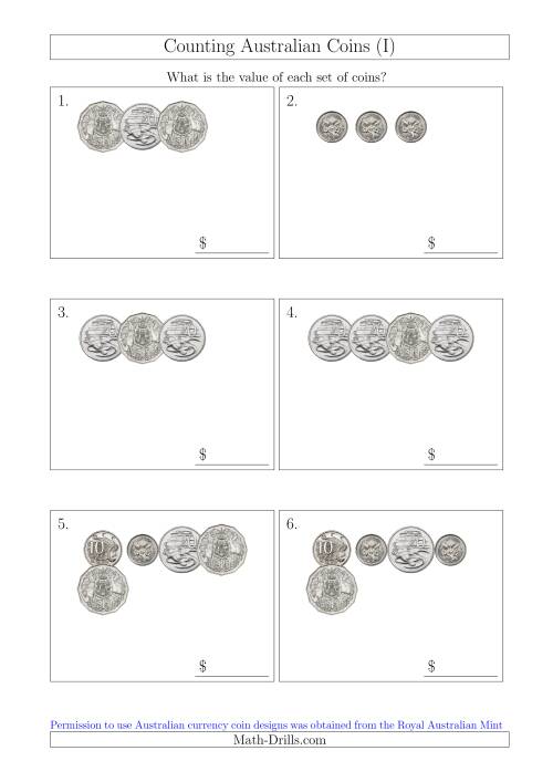 The Counting Small Collections of Australian Coins Without Dollar Coins (I) Math Worksheet