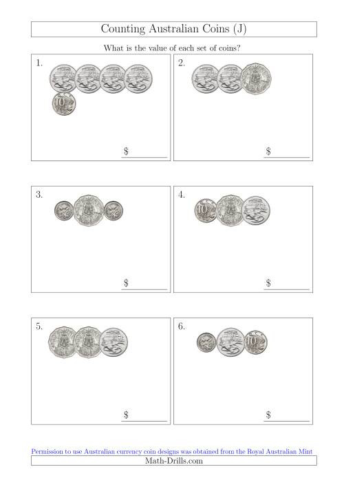 The Counting Small Collections of Australian Coins Without Dollar Coins (J) Math Worksheet