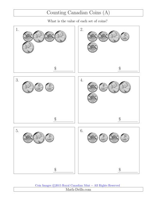 The Counting Small Collections of Canadian Coins Without Dollar Coins (A) Math Worksheet