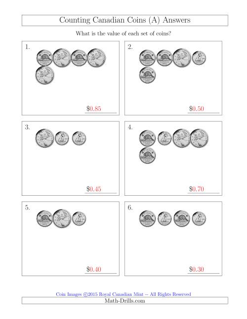 The Counting Small Collections of Canadian Coins Without Dollar Coins (A) Math Worksheet Page 2