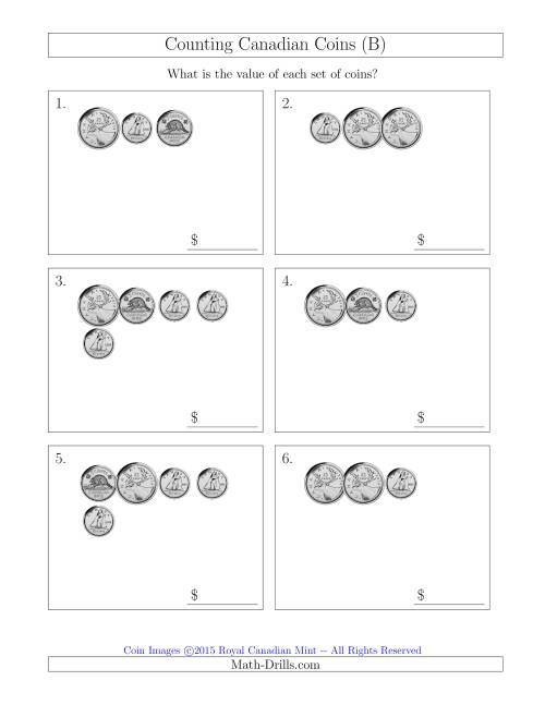 The Counting Small Collections of Canadian Coins Without Dollar Coins (B) Math Worksheet