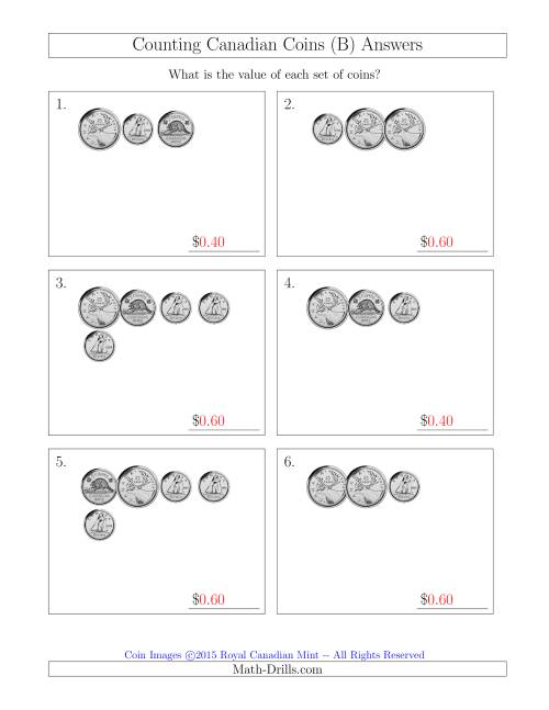 The Counting Small Collections of Canadian Coins Without Dollar Coins (B) Math Worksheet Page 2