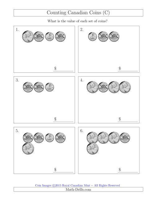 The Counting Small Collections of Canadian Coins Without Dollar Coins (C) Math Worksheet