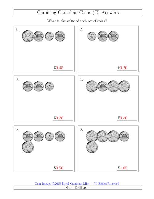 The Counting Small Collections of Canadian Coins Without Dollar Coins (C) Math Worksheet Page 2