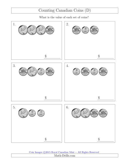 The Counting Small Collections of Canadian Coins Without Dollar Coins (D) Math Worksheet