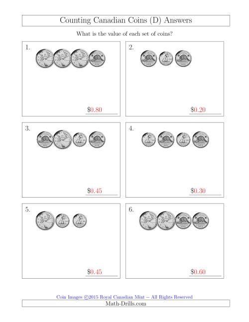 The Counting Small Collections of Canadian Coins Without Dollar Coins (D) Math Worksheet Page 2
