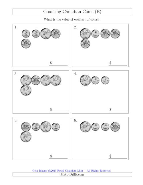 The Counting Small Collections of Canadian Coins Without Dollar Coins (E) Math Worksheet