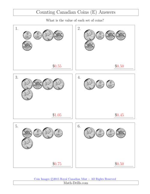 The Counting Small Collections of Canadian Coins Without Dollar Coins (E) Math Worksheet Page 2