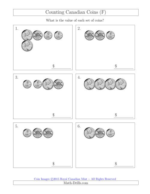 The Counting Small Collections of Canadian Coins Without Dollar Coins (F) Math Worksheet