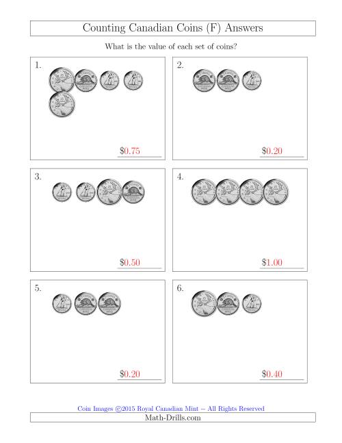 The Counting Small Collections of Canadian Coins Without Dollar Coins (F) Math Worksheet Page 2