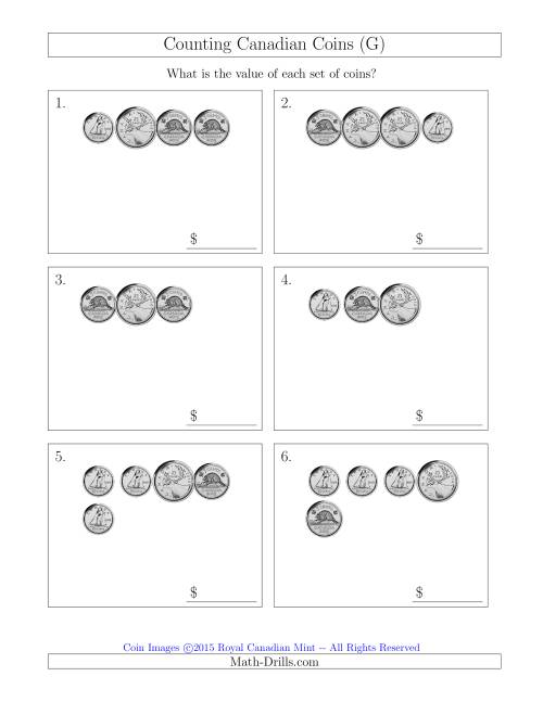 The Counting Small Collections of Canadian Coins Without Dollar Coins (G) Math Worksheet