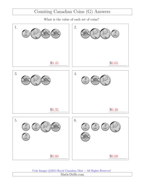 The Counting Small Collections of Canadian Coins Without Dollar Coins (G) Math Worksheet Page 2