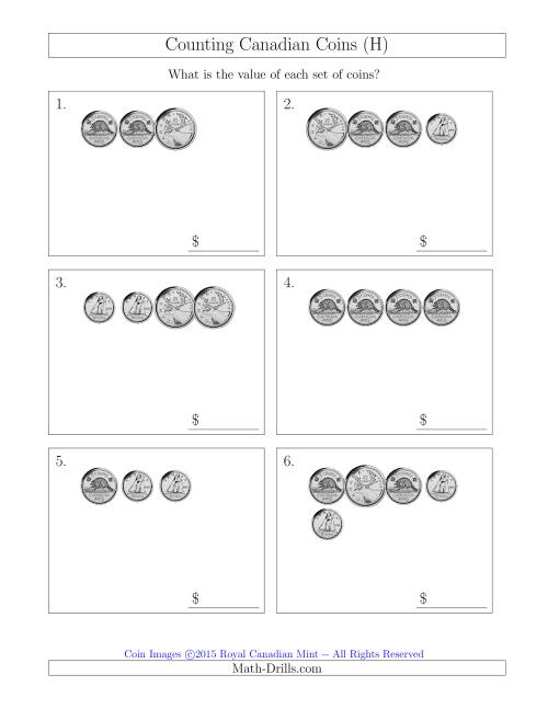The Counting Small Collections of Canadian Coins Without Dollar Coins (H) Math Worksheet
