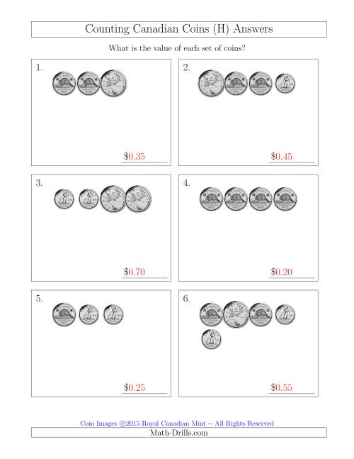 The Counting Small Collections of Canadian Coins Without Dollar Coins (H) Math Worksheet Page 2