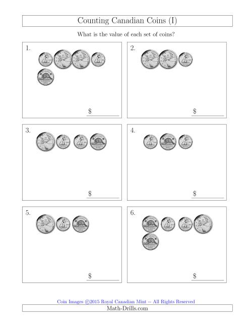The Counting Small Collections of Canadian Coins Without Dollar Coins (I) Math Worksheet