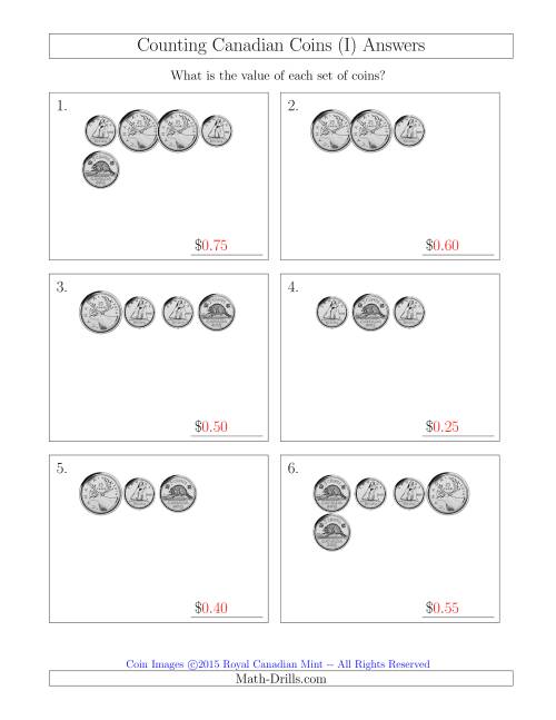 The Counting Small Collections of Canadian Coins Without Dollar Coins (I) Math Worksheet Page 2