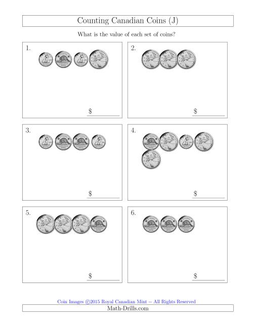 The Counting Small Collections of Canadian Coins Without Dollar Coins (J) Math Worksheet
