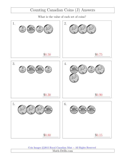 The Counting Small Collections of Canadian Coins Without Dollar Coins (J) Math Worksheet Page 2