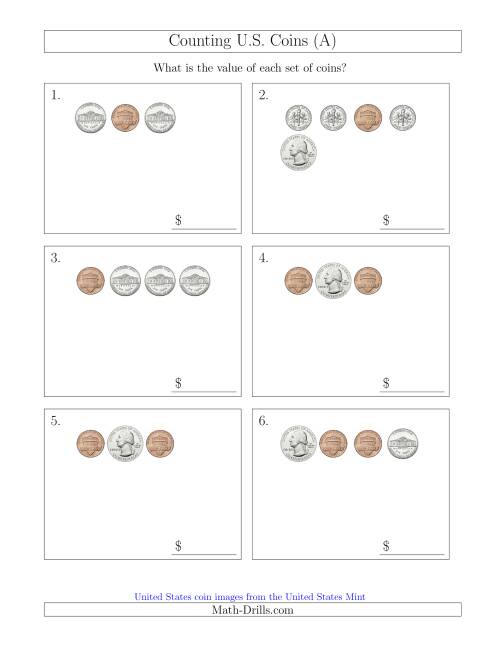 The Counting Small Collections of U.S. Coins (A) Math Worksheet