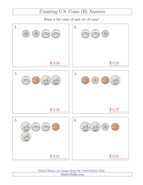 The Counting Small Collections of U.S. Coins (B) Math Worksheet Page 2
