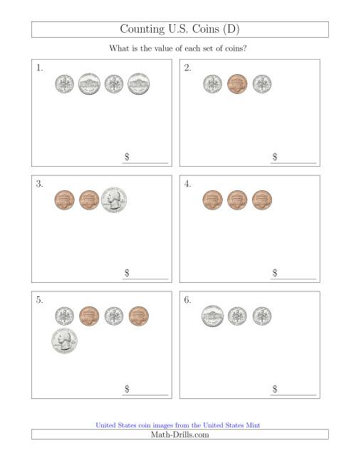 The Counting Small Collections of U.S. Coins (D) Math Worksheet