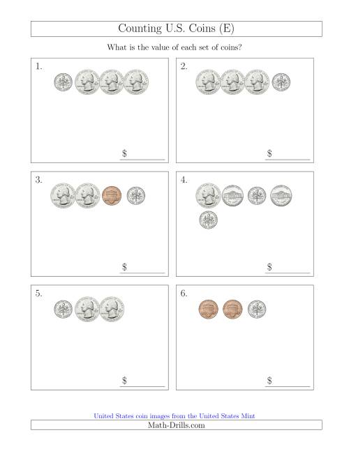 The Counting Small Collections of U.S. Coins (E) Math Worksheet