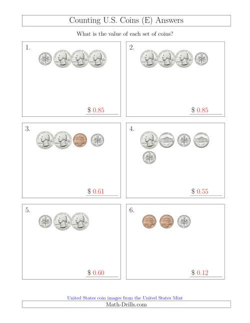 The Counting Small Collections of U.S. Coins (E) Math Worksheet Page 2