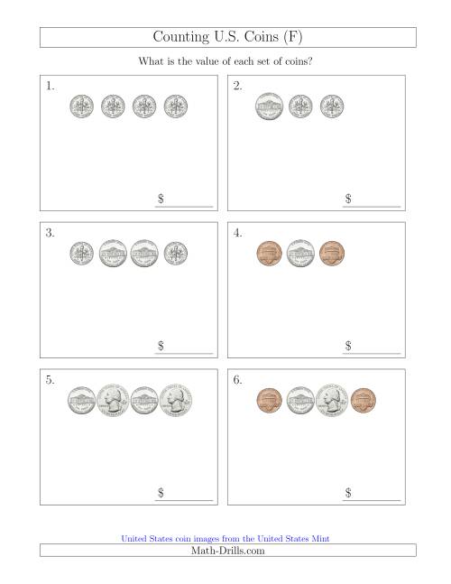 The Counting Small Collections of U.S. Coins (F) Math Worksheet