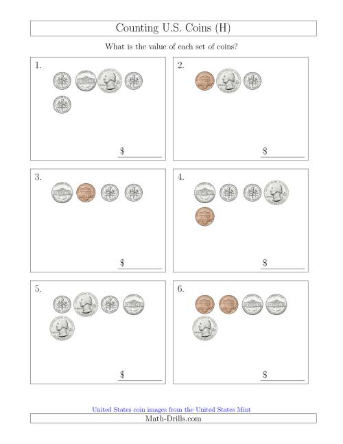 The Counting Small Collections of U.S. Coins (H) Math Worksheet