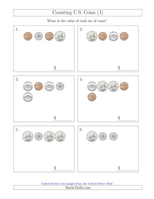 The Counting Small Collections of U.S. Coins (J) Math Worksheet
