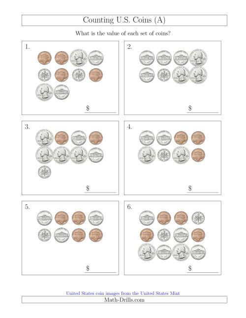 The Counting U.S. Coins (All) Math Worksheet