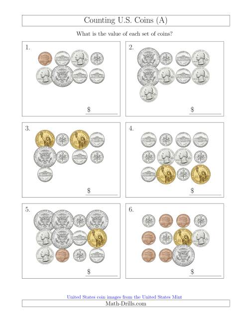 The Counting U.S. Coins Including Half and One Dollar Coins (A) Math Worksheet