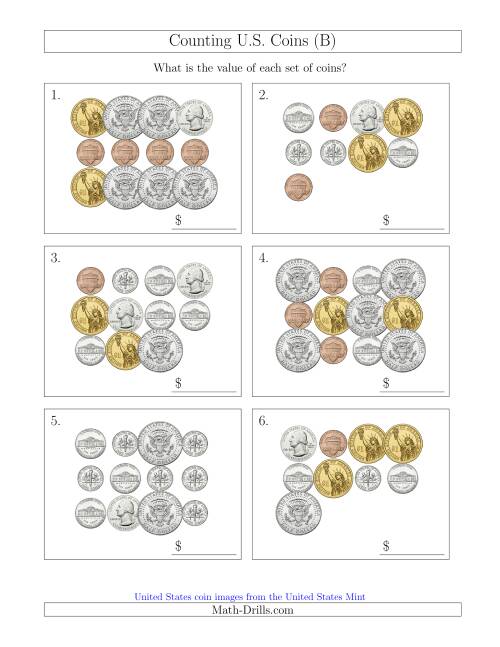 The Counting U.S. Coins Including Half and One Dollar Coins (B) Math Worksheet